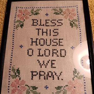 Framed Vintage Cross-Stitch Wall Art with Floral Design